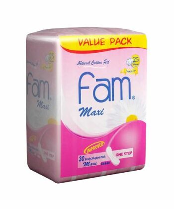 Fam - One Step Natural Cotton Feel, Maxi Thick, Non-Wings Super Sanitary Pads - 30 Pads