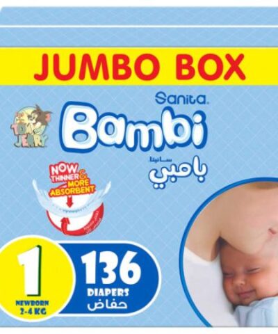 Sanita Bambi - Baby Diapers Jumbo Box Size 1, New Born, 2-4kg - 136 Count