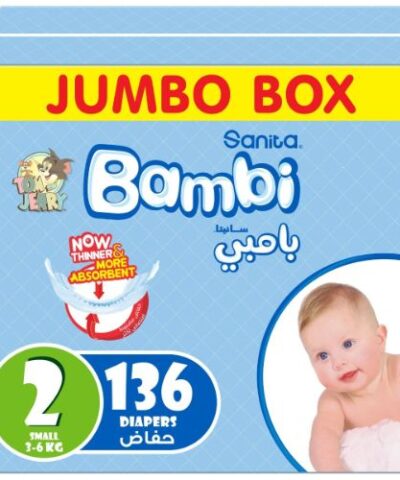 Sanita Bambi - Baby Diapers Jumbo Box Size 2, Small, 3-6kg - 136 Count