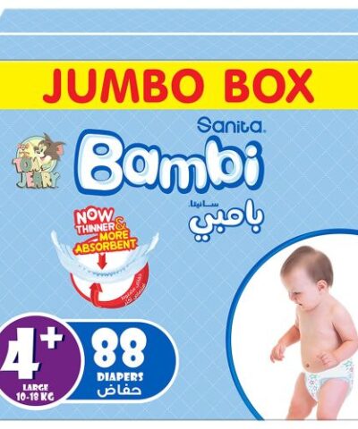 Sanita Bambi - Baby Diapers Jumbo Box Size 4+, Large plus, 10-18kg - 88 Count