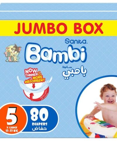 Sanita Bambi - Baby Diapers Jumbo Box Size 5, X-Large, 12-22kg - 80 Count