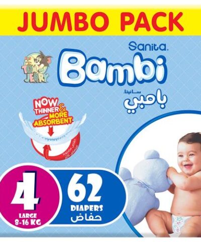 Sanita Bambi - Baby Diapers Jumbo Pack Size 4, Large, 8-16kg - 62 Count