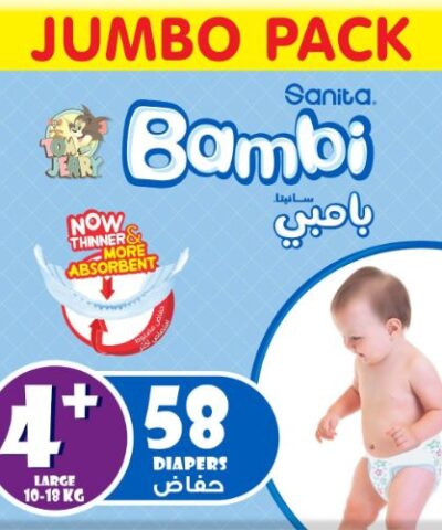 Sanita Bambi - Baby Diapers Jumbo Pack Size 4+, Large plus, 10-18kg - 58 Count