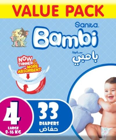 Sanita Bambi - Baby Diapers Value Pack Size 4, Large, 8-16kg - 33 Count