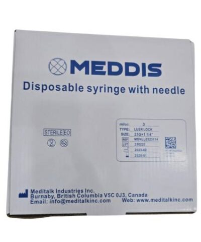 Meddis Disposable Syringe 3mI Luer Lock with 23G x 1 1/4inch Needle – Box of 100